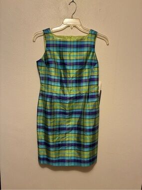 Jones New York Teal & Lime Plaid Sleeveless Sheath Dress